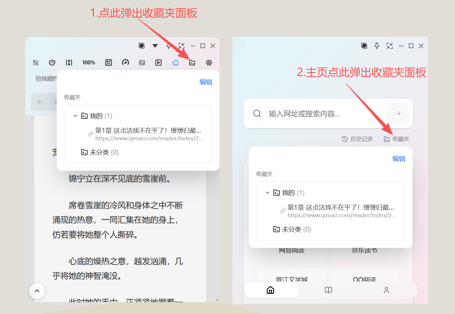 无边阅读器小说阅读界面中打开收藏夹面板查看已收藏网址