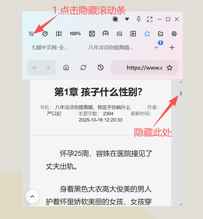 无边阅读器网页阅读界面中隐藏滚动条按钮开启后的效果