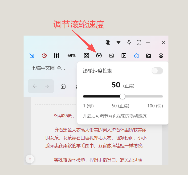 无边阅读器滚轮速度控制面板，用于细调小说页面滚动距离