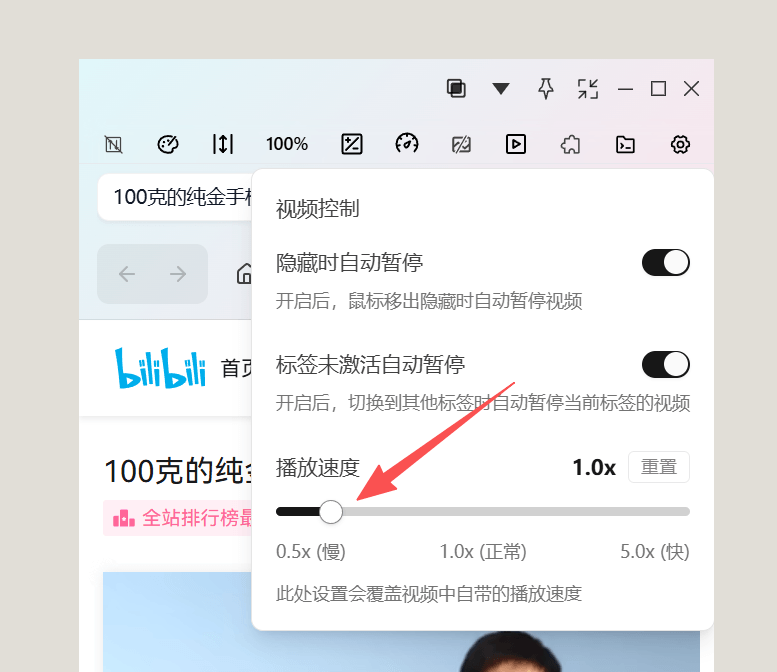 无边阅读器视频播放速度调节滑块与当前网页视频播放界面